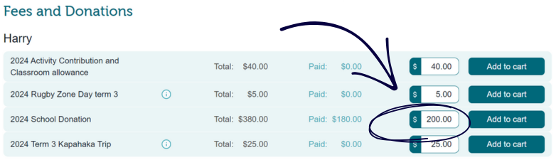 Personalised payments and part payments in myKindo
